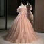 Flower Fairy Blushing Pink Appliques Sequins Prom Dresses 2023 Ball Gown Off-The-Shoulder Short Sleeve Backless Floor-Length / Long Prom Formal Dresses