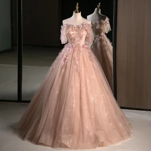 Blumenfee Rosa Applikationen Pailletten Ballkleider 2023 Ballkleid Off Shoulder Kurze Ärmel Rückenfreies Lange Ball Festliche Kleider