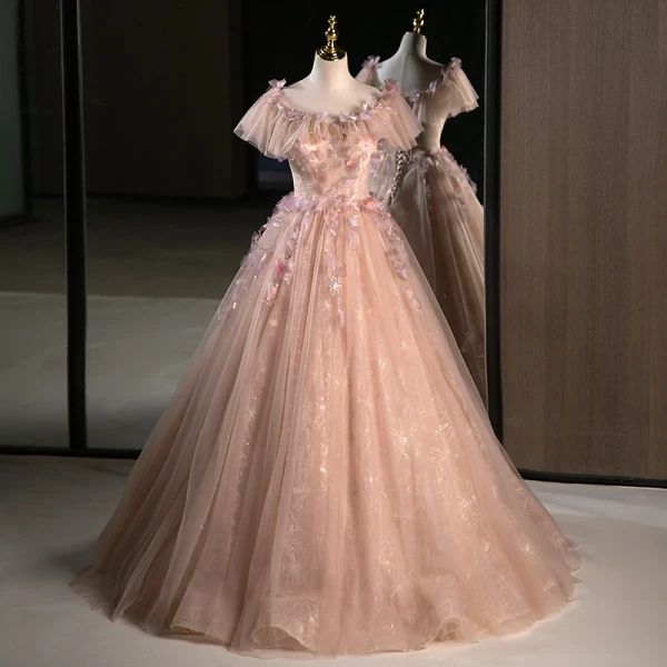 Flower Fairy Blushing Pink Appliques Sequins Prom Dresses 2023 Ball Gown Off-The-Shoulder Short Sleeve Backless Floor-Length / Long Prom Formal Dresses