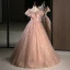 Flower Fairy Blushing Pink Appliques Sequins Prom Dresses 2023 Ball Gown Off-The-Shoulder Short Sleeve Backless Floor-Length / Long Prom Formal Dresses