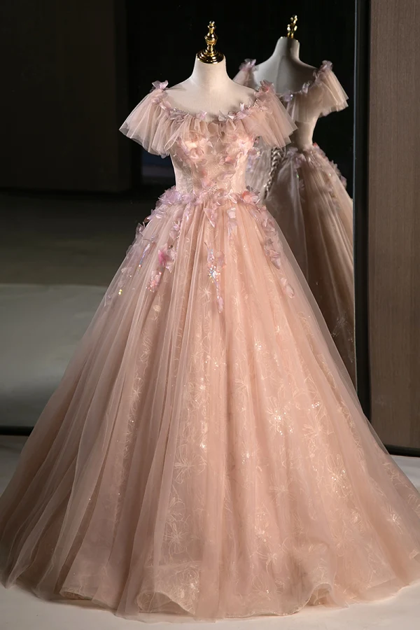 Flower Fairy Blushing Pink Appliques Sequins Prom Dresses 2023 Ball Gown Off-The-Shoulder Short Sleeve Backless Floor-Length / Long Prom Formal Dresses