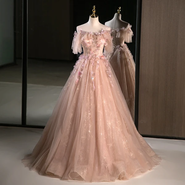 Flower Fairy Blushing Pink Appliques Sequins Prom Dresses 2023 Ball Gown Off-The-Shoulder Short Sleeve Backless Floor-Length / Long Prom Formal Dresses