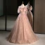Flower Fairy Blushing Pink Appliques Sequins Prom Dresses 2023 Ball Gown Off-The-Shoulder Short Sleeve Backless Floor-Length / Long Prom Formal Dresses