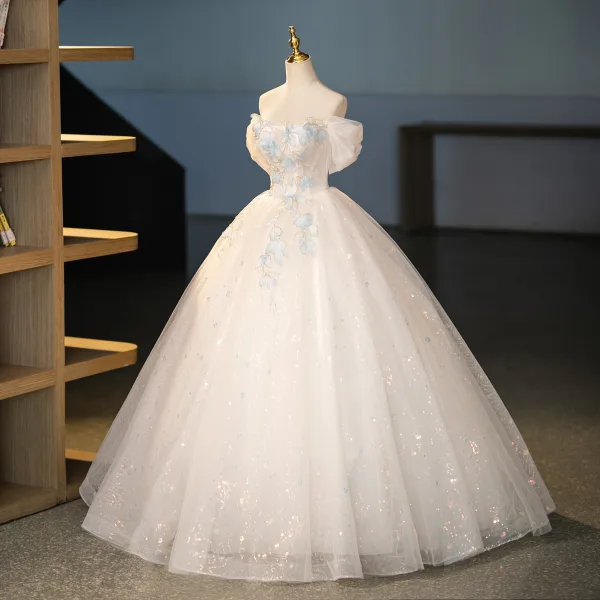 Fashion Ivory Beading Sequins Appliques Prom Dresses 2025 Ball Gown Off-The-Shoulder Short Sleeve Backless Floor-Length / Long Prom Formal Dresses