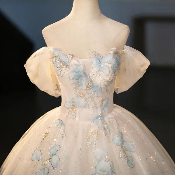 Fashion Ivory Beading Sequins Appliques Prom Dresses 2025 Ball Gown Off-The-Shoulder Short Sleeve Backless Floor-Length / Long Prom Formal Dresses