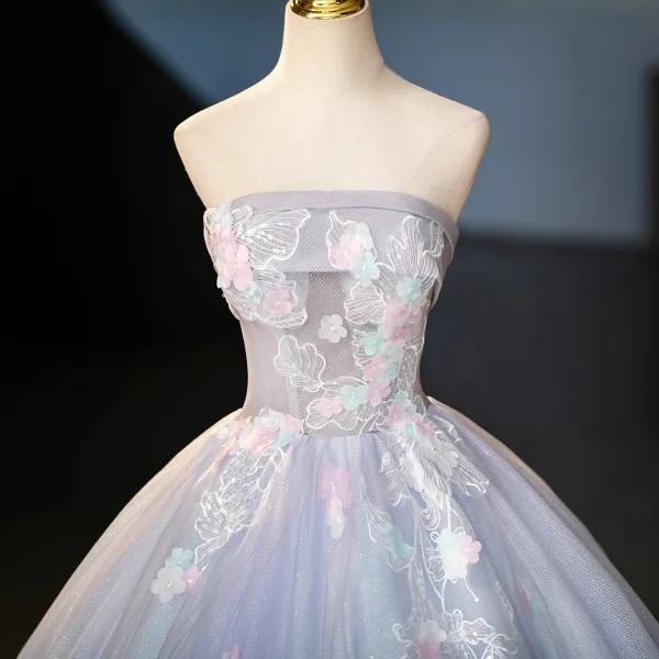 Chic / Beautiful Lavender Sequins Lace Flower Appliques Prom Dresses 2025 Ball Gown Strapless Sleeveless Backless Floor-Length / Long Prom Formal Dresses