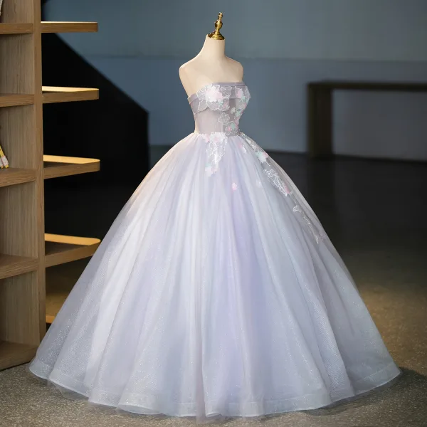Chic / Beautiful Lavender Sequins Lace Flower Appliques Prom Dresses 2025 Ball Gown Strapless Sleeveless Backless Floor-Length / Long Prom Formal Dresses