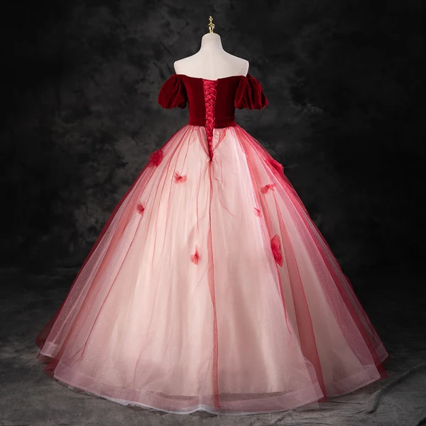 Elegant Burgundy Appliques Prom Dresses 2023 Ball Gown Square Neckline Short Sleeve Backless Bow Sash Floor-Length / Long Formal Dresses