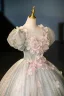 Flower Fairy Sage Green Lace Flower Appliques Prom Dresses 2025 Ball Gown Scoop Neck Puffy Short Sleeve Backless Prom Floor-Length / Long Formal Dresses