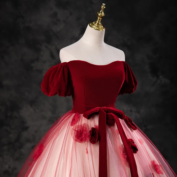 Elegant Burgundy Appliques Prom Dresses 2023 Ball Gown Square Neckline Short Sleeve Backless Bow Sash Floor-Length / Long Formal Dresses