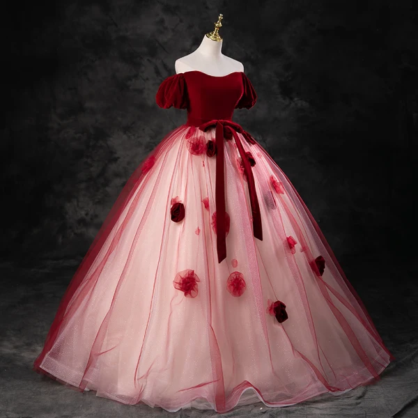 Elegant Burgundy Appliques Prom Dresses 2023 Ball Gown Square Neckline Short Sleeve Backless Bow Sash Floor-Length / Long Formal Dresses