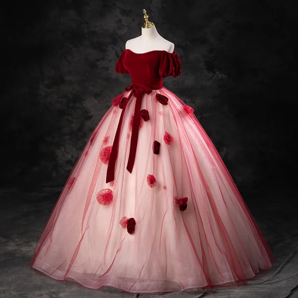 Elegant Burgundy Appliques Prom Dresses 2023 Ball Gown Square Neckline Short Sleeve Backless Bow Sash Floor-Length / Long Formal Dresses