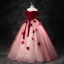 Elegant Burgundy Appliques Prom Dresses 2023 Ball Gown Square Neckline Short Sleeve Backless Bow Sash Floor-Length / Long Formal Dresses