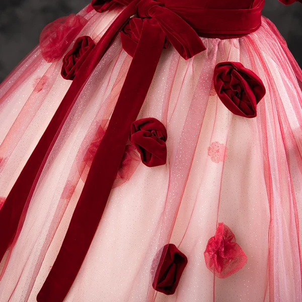 Elegant Burgundy Appliques Prom Dresses 2023 Ball Gown Square Neckline Short Sleeve Backless Bow Sash Floor-Length / Long Formal Dresses