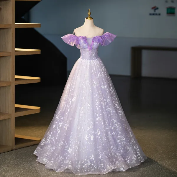 Chic / Beautiful Lavender Appliques Sequins Tassel Prom Dresses 2025 Ball Gown Off-The-Shoulder Short Sleeve Backless Floor-Length / Long Prom Formal Dresses