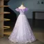 Chic / Beautiful Lavender Appliques Sequins Tassel Prom Dresses 2025 Ball Gown Off-The-Shoulder Short Sleeve Backless Floor-Length / Long Prom Formal Dresses