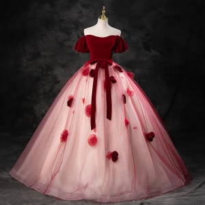 Élégant Bordeaux Appliques Robe De Bal 2023 Robe Boule Encolure Carrée Manches Courtes Dos Nu Noeud Ceinture Longue Robe De Ceremonie
