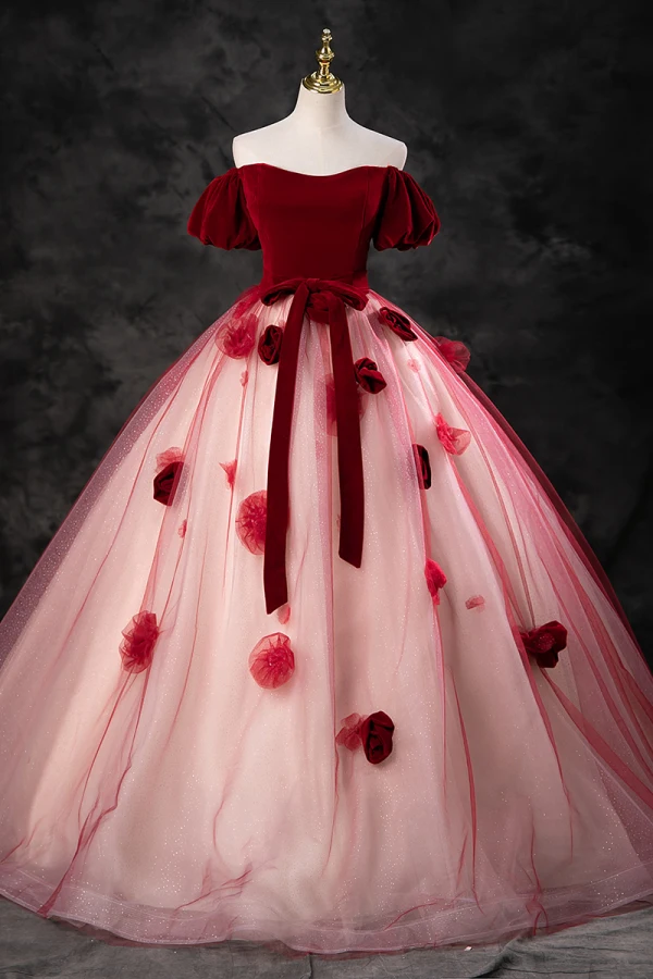 Elegant Burgundy Appliques Prom Dresses 2023 Ball Gown Square Neckline Short Sleeve Backless Bow Sash Floor-Length / Long Formal Dresses