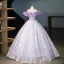 Chic / Beautiful Lavender Appliques Sequins Tassel Prom Dresses 2025 Ball Gown Off-The-Shoulder Short Sleeve Backless Floor-Length / Long Prom Formal Dresses