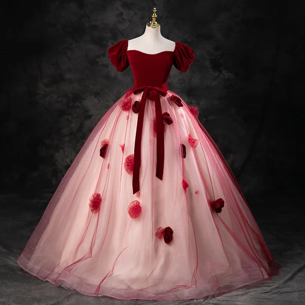 Elegant Burgundy Appliques Prom Dresses 2023 Ball Gown Square Neckline Short Sleeve Backless Bow Sash Floor-Length / Long Formal Dresses