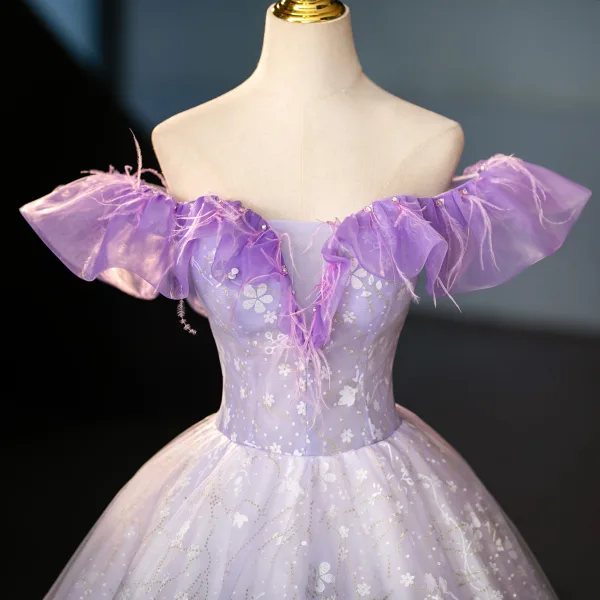 Chic / Beautiful Lavender Appliques Sequins Tassel Prom Dresses 2025 Ball Gown Off-The-Shoulder Short Sleeve Backless Floor-Length / Long Prom Formal Dresses