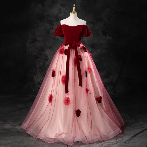 Elegant Burgundy Appliques Prom Dresses 2023 Ball Gown Square Neckline Short Sleeve Backless Bow Sash Floor-Length / Long Formal Dresses