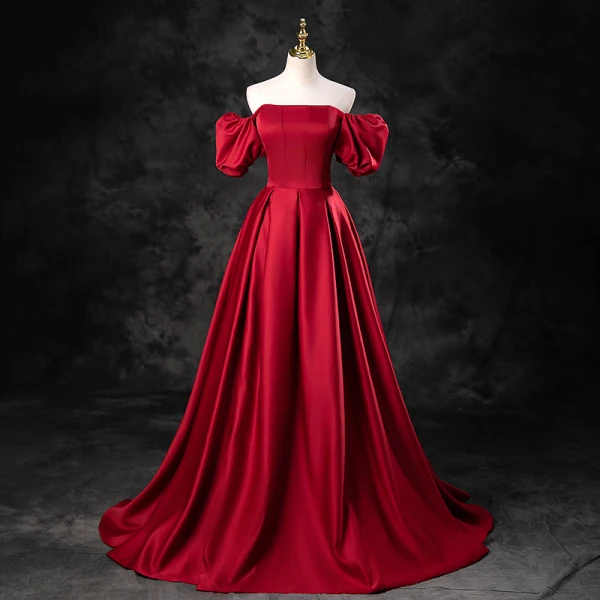 Elegant Burgundy Satin Prom Dresses 2023 Ball Gown Square Neckline Puffy Short Sleeve Backless Floor-Length / Long Prom Formal Dresses