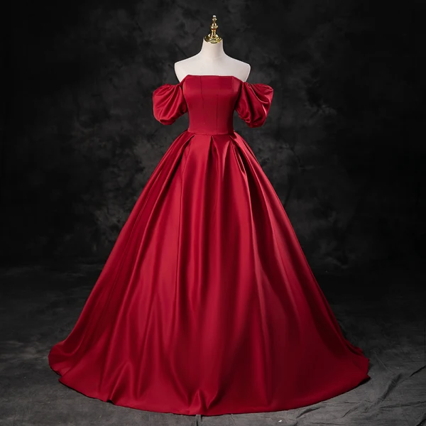 Elegant Burgundy Satin Prom Dresses 2023 Ball Gown Square Neckline Puffy Short Sleeve Backless Floor-Length / Long Prom Formal Dresses