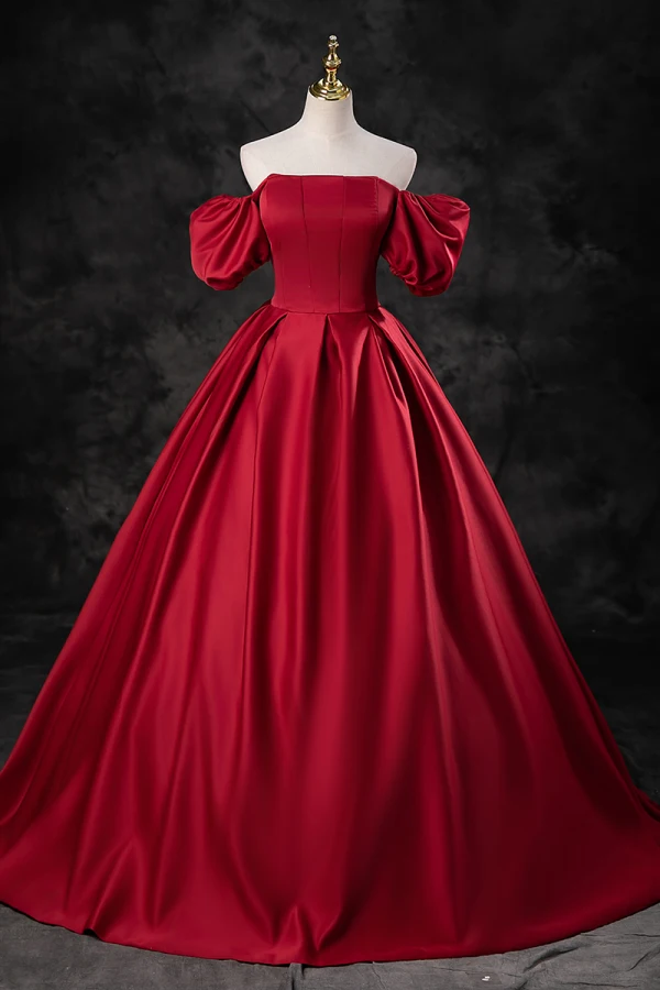 Elegant Burgundy Satin Prom Dresses 2023 Ball Gown Square Neckline Puffy Short Sleeve Backless Floor-Length / Long Prom Formal Dresses