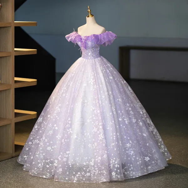 Chic / Beautiful Lavender Appliques Sequins Tassel Prom Dresses 2025 Ball Gown Off-The-Shoulder Short Sleeve Backless Floor-Length / Long Prom Formal Dresses