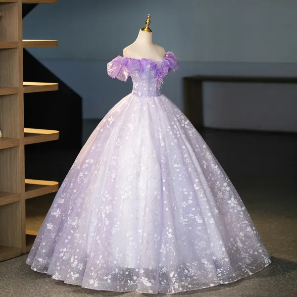 Chic / Beautiful Lavender Appliques Sequins Tassel Prom Dresses 2025 Ball Gown Off-The-Shoulder Short Sleeve Backless Floor-Length / Long Prom Formal Dresses