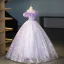 Chic / Beautiful Lavender Appliques Sequins Tassel Prom Dresses 2025 Ball Gown Off-The-Shoulder Short Sleeve Backless Floor-Length / Long Prom Formal Dresses