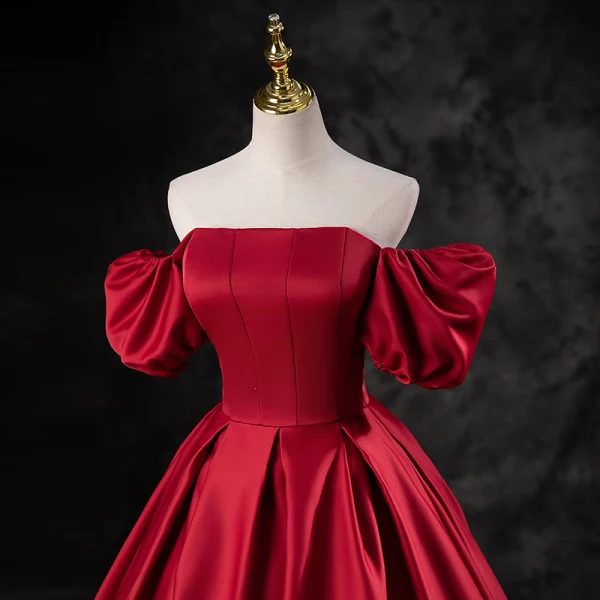 Elegant Burgundy Satin Prom Dresses 2023 Ball Gown Square Neckline Puffy Short Sleeve Backless Floor-Length / Long Prom Formal Dresses