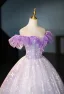 Chic / Beautiful Lavender Appliques Sequins Tassel Prom Dresses 2025 Ball Gown Off-The-Shoulder Short Sleeve Backless Floor-Length / Long Prom Formal Dresses