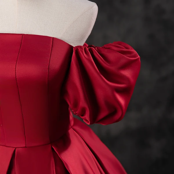 Elegant Burgundy Satin Prom Dresses 2023 Ball Gown Square Neckline Puffy Short Sleeve Backless Floor-Length / Long Prom Formal Dresses
