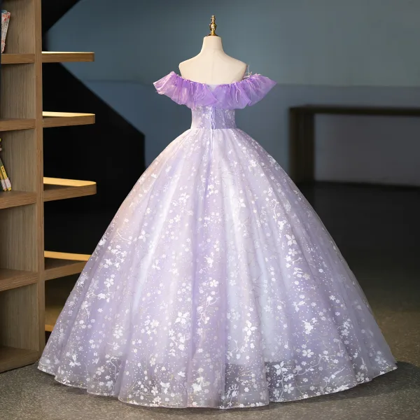 Chic / Beautiful Lavender Appliques Sequins Tassel Prom Dresses 2025 Ball Gown Off-The-Shoulder Short Sleeve Backless Floor-Length / Long Prom Formal Dresses