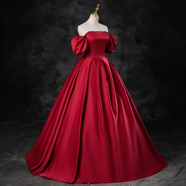 Elegant Burgundy Satin Prom Dresses 2023 Ball Gown Square Neckline Puffy Short Sleeve Backless Floor-Length / Long Prom Formal Dresses