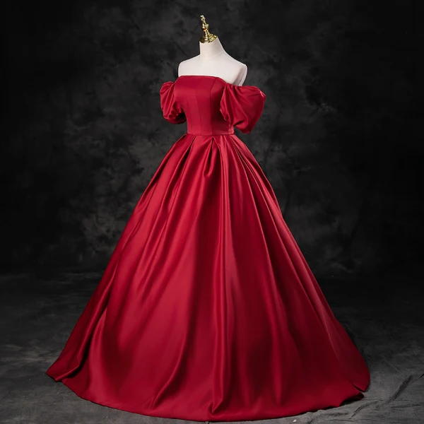 Elegant Burgundy Satin Prom Dresses 2023 Ball Gown Square Neckline Puffy Short Sleeve Backless Floor-Length / Long Prom Formal Dresses