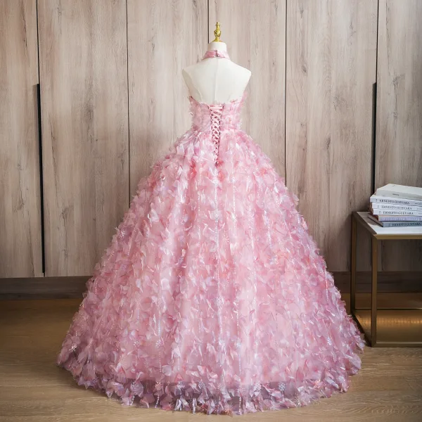 Flower Fairy Candy Pink Appliques Sequins Prom Dresses 2024 Ball Gown Halter Sleeveless Backless Floor-Length / Long Prom Formal Dresses