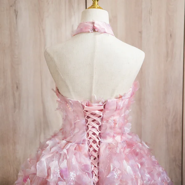 Flower Fairy Candy Pink Appliques Sequins Prom Dresses 2024 Ball Gown Halter Sleeveless Backless Floor-Length / Long Prom Formal Dresses