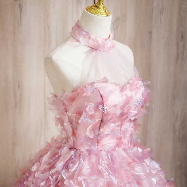 Flower Fairy Candy Pink Appliques Sequins Prom Dresses 2024 Ball Gown Halter Sleeveless Backless Floor-Length / Long Prom Formal Dresses