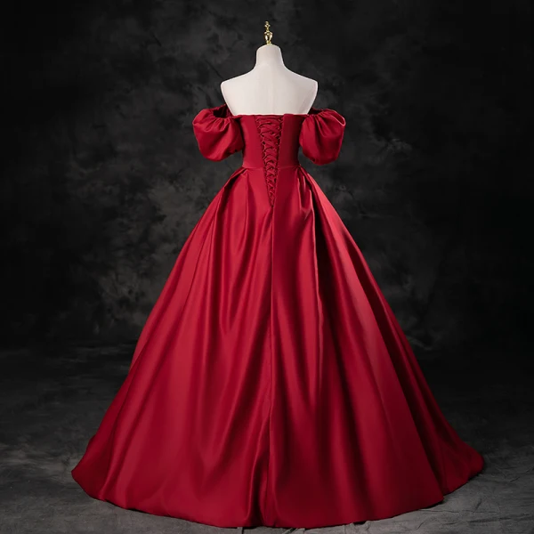 Elegant Burgundy Satin Prom Dresses 2023 Ball Gown Square Neckline Puffy Short Sleeve Backless Floor-Length / Long Prom Formal Dresses