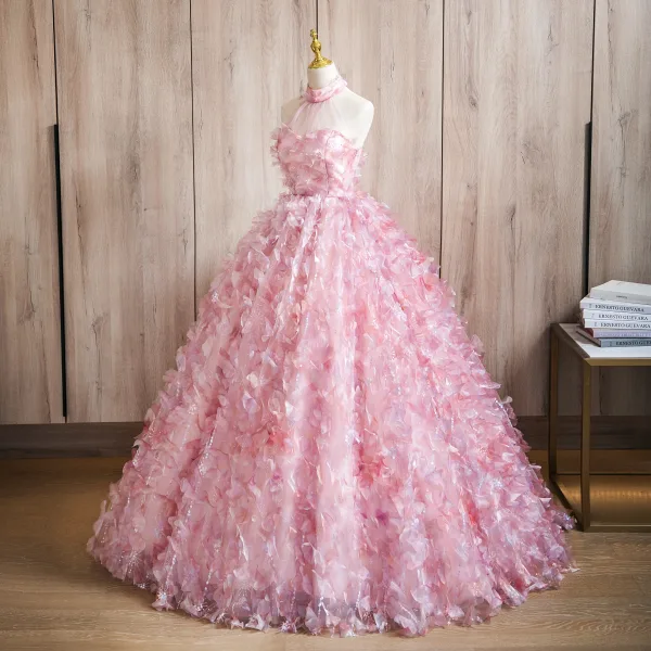 Flower Fairy Candy Pink Appliques Sequins Prom Dresses 2024 Ball Gown Halter Sleeveless Backless Floor-Length / Long Prom Formal Dresses