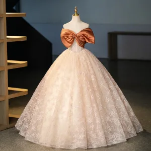 Elegant Beige Rhinestone Lace Flower Prom Dresses 2025 Ball Gown Strapless Bow Sleeveless Backless Floor Length Long Prom Formal Dresses