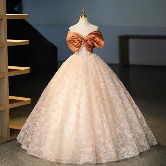 Elegantes Beige Rhinestone Con Encaje Flor Vestidos De Gala 2025 Ball Gown Sin Tirantes Bowknot Sin Mangas Sin Espalda Largos Gala Vestidos Formales