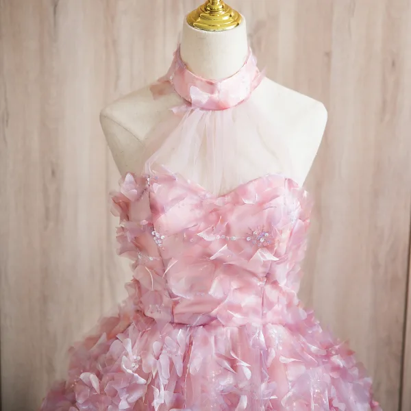 Flower Fairy Candy Pink Appliques Sequins Prom Dresses 2024 Ball Gown Halter Sleeveless Backless Floor-Length / Long Prom Formal Dresses