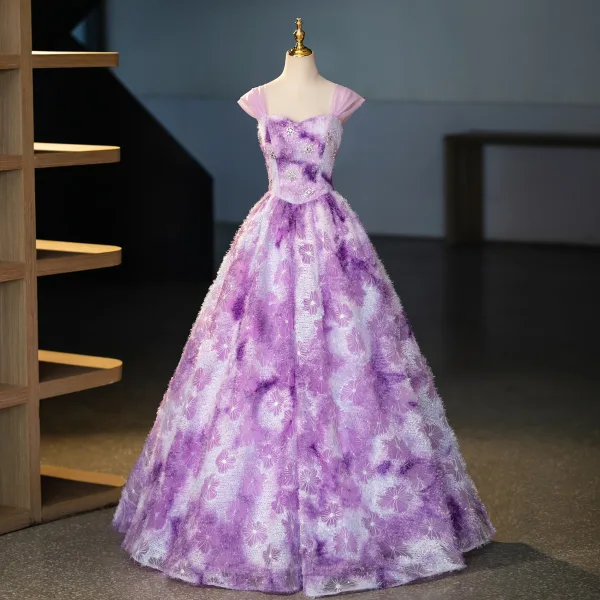 Amazing / Unique Lilac Tassel Rhinestone Sequins Prom Dresses 2025 Ball Gown Off-The-Shoulder Short Sleeve Backless Floor-Length / Long Prom Formal Dresses