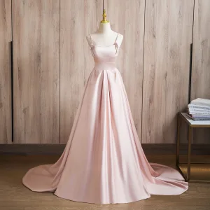 Chic Beautiful Blushing Pink Pearl Satin Prom Dresses 2024 A Line Princess Spaghetti Straps Sleeveless Backless Sweep Train Prom Formal Dresses