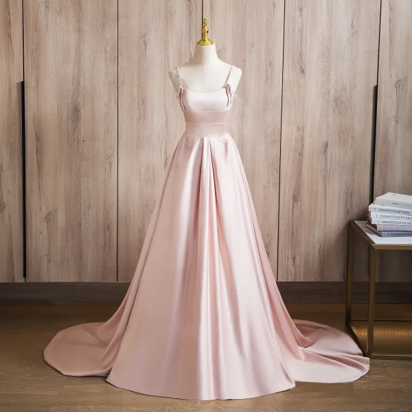 Schöne Rosa Perle Satin Ballkleider 2024 A Linie Spaghettiträger Ärmellos Rückenfreies Sweep / Pinsel Zug Ball Festliche Kleider