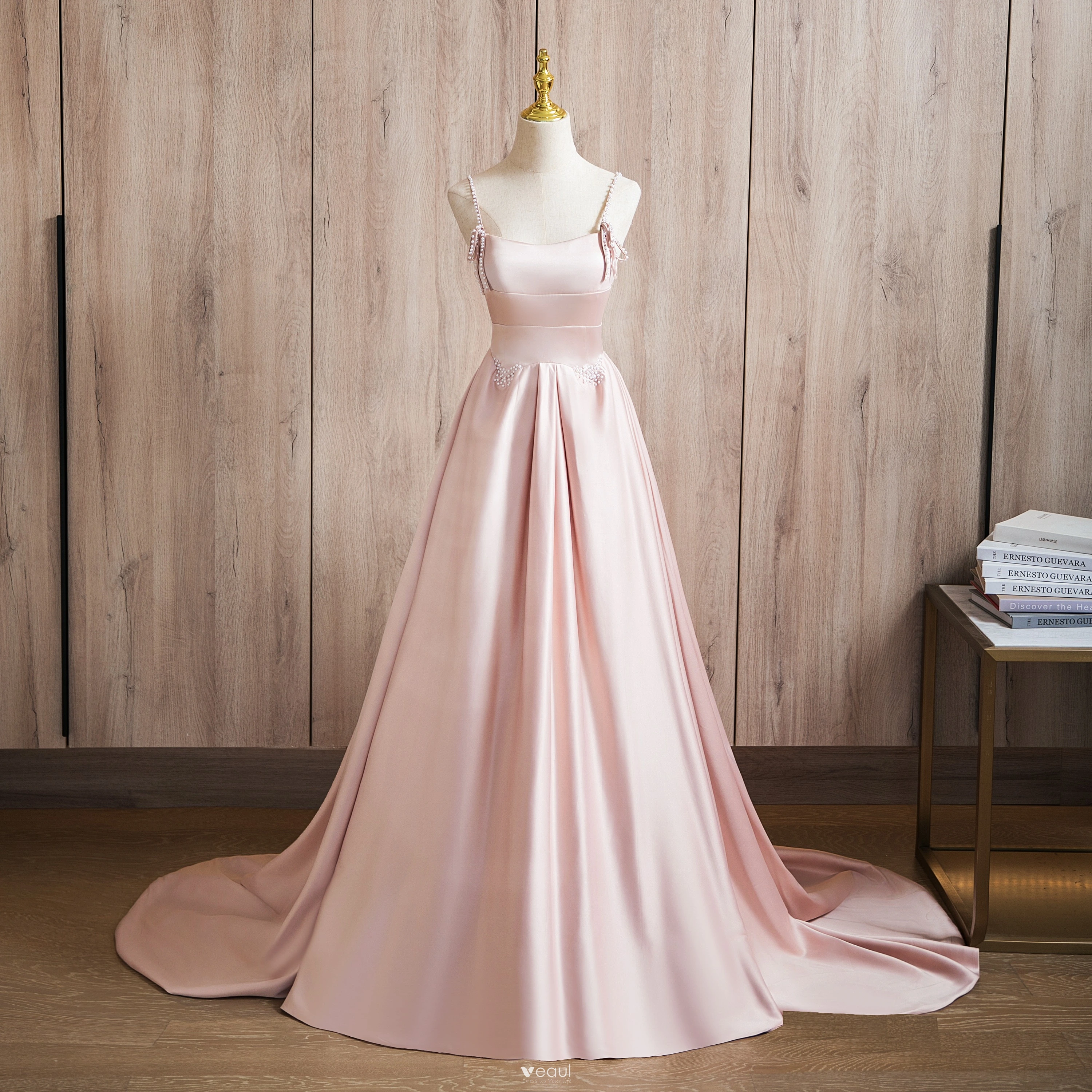 Pearl Pink Satin Spaghetti Straps A Line Prom Dress Pearl Pink Satin Spaghetti Straps A Line Prom Dress